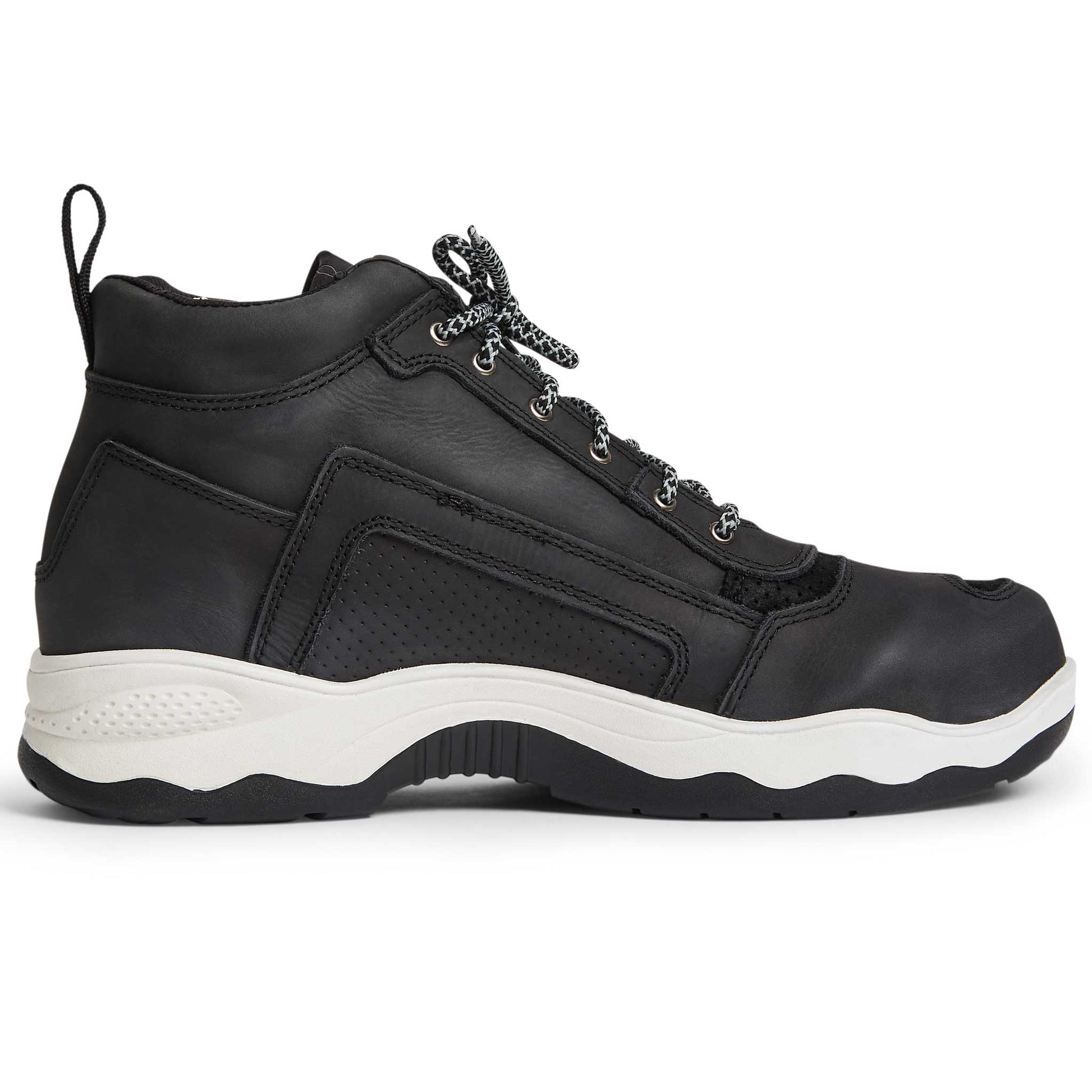 side view of black lace up motorcycle trainers