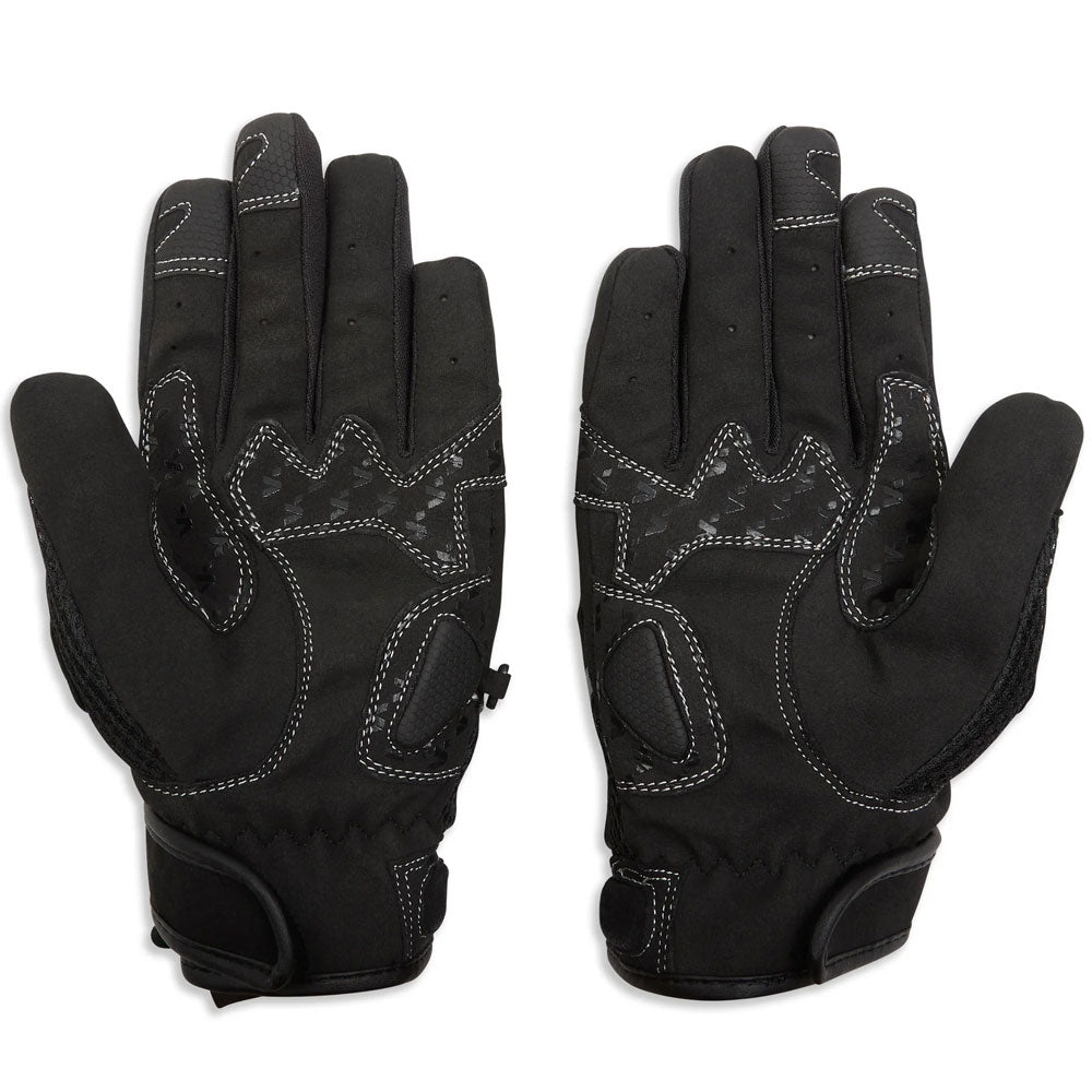 inner of black nylon motorcycle gloves with white stitching and silicone grip panels