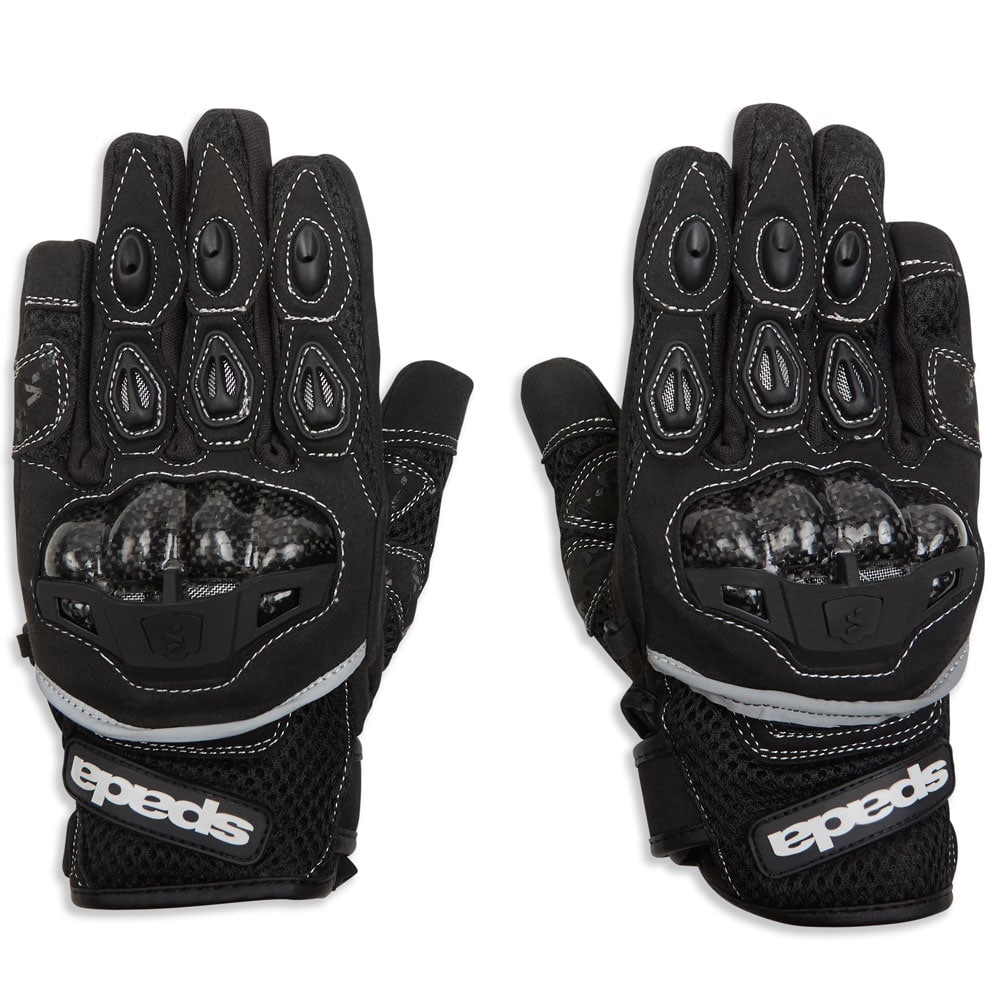 black nylon motorcycle gloves with white stitching and carbon moulded knuckles