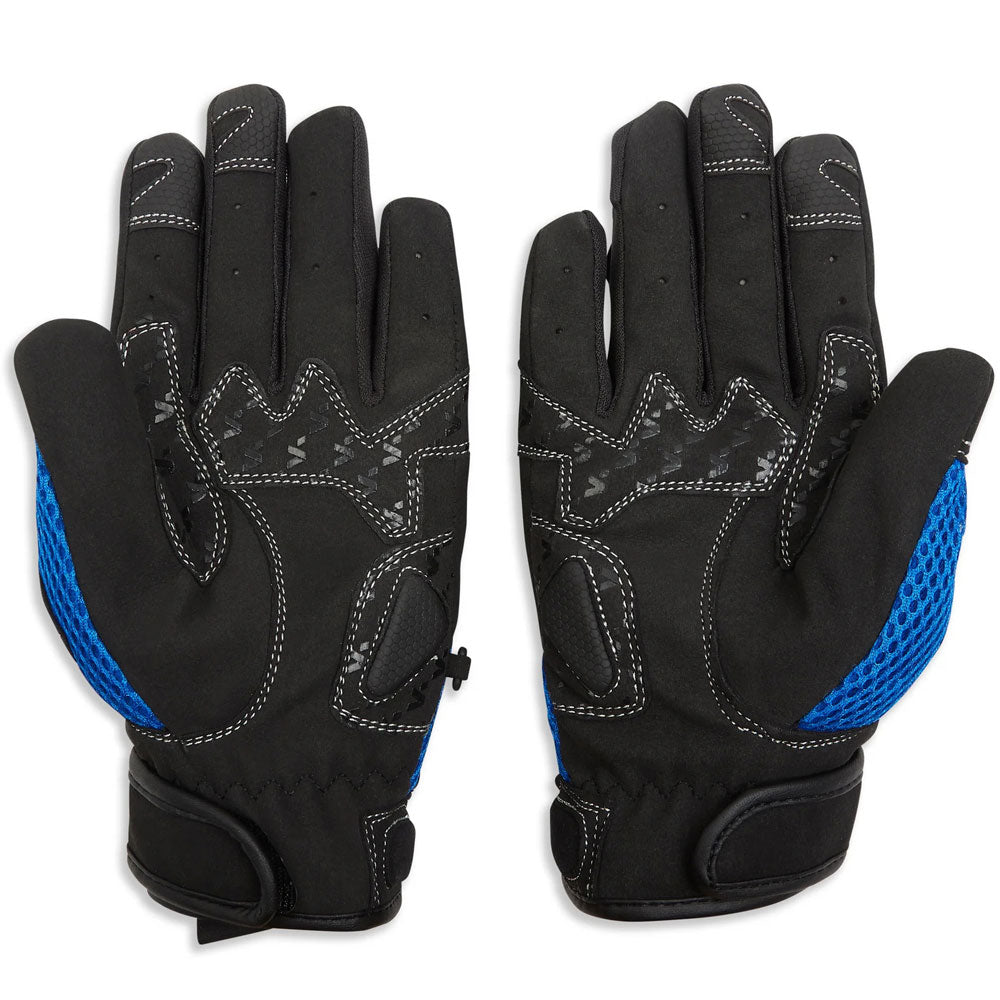 black and blue motorcycle gloves with white stitching and silicone grip panels on palm for biker