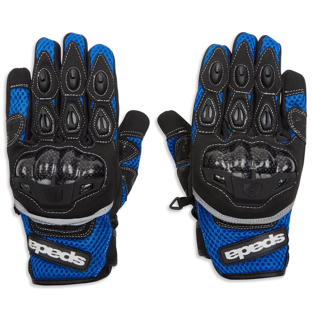 black and blue motorcycle gloves with white stitching with moulded carbon knuckles for bikers