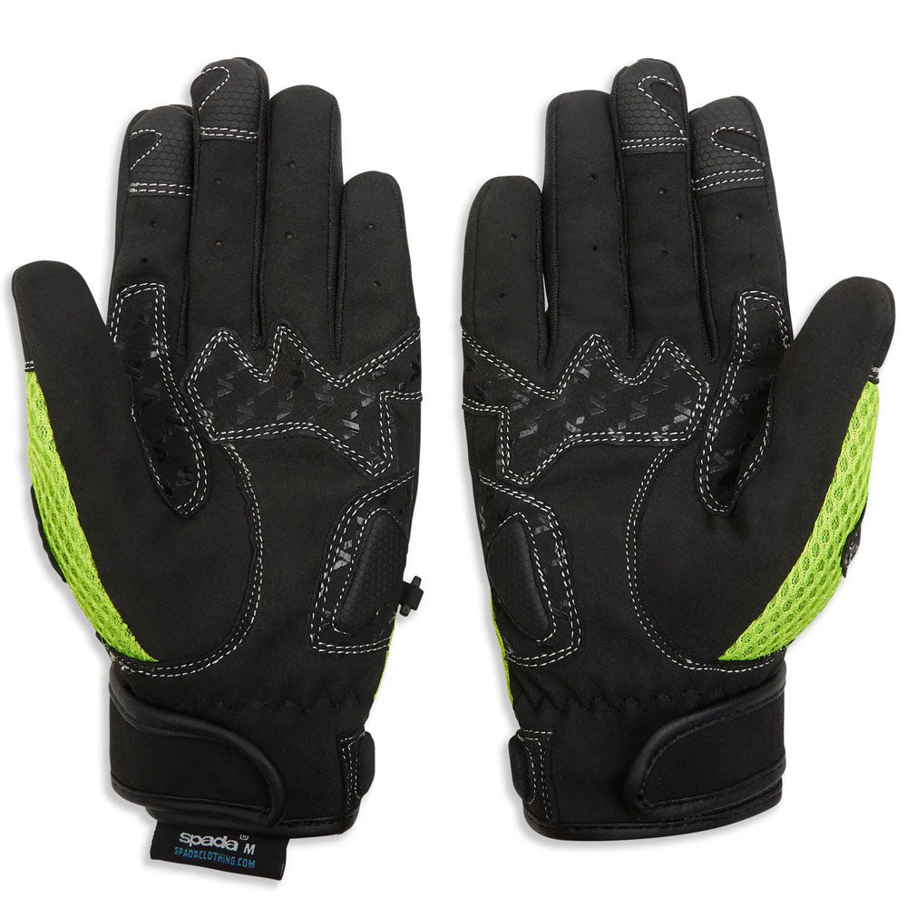 black and green nylon motorcycle gloves with white stitching and silicone palm grips