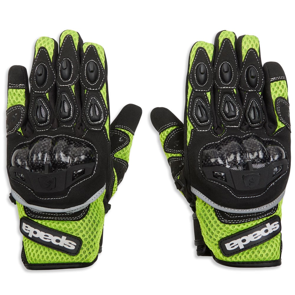 black and green motorcycle gloves with white stitching with moulded carbon knuckles for bikers