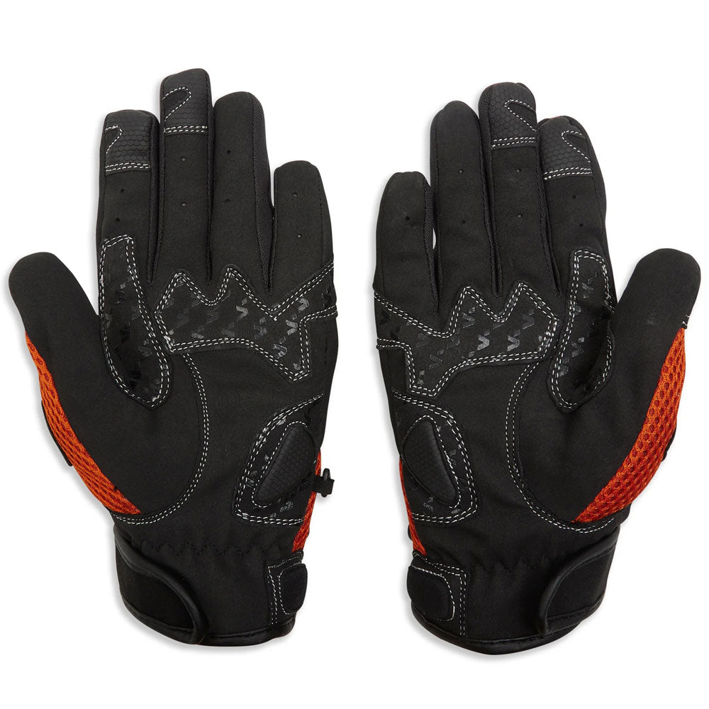 black and orange nylon motorcycle gloves with white stitching and silicone palm grip