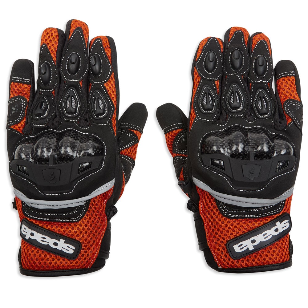 black and orange motorcycle gloves with white stitching with moulded carbon knuckles for bikers