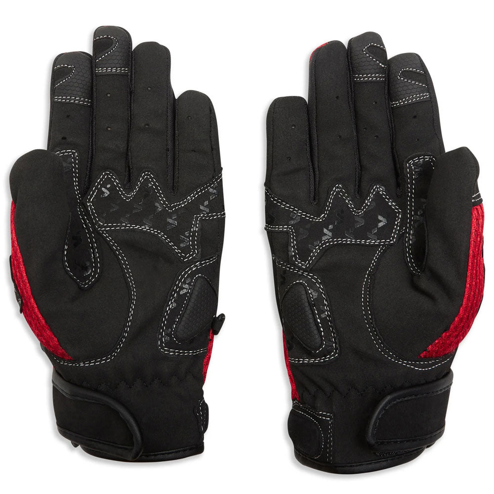 black and red nylon motorcycle gloves with white stitching and silicone grip palm