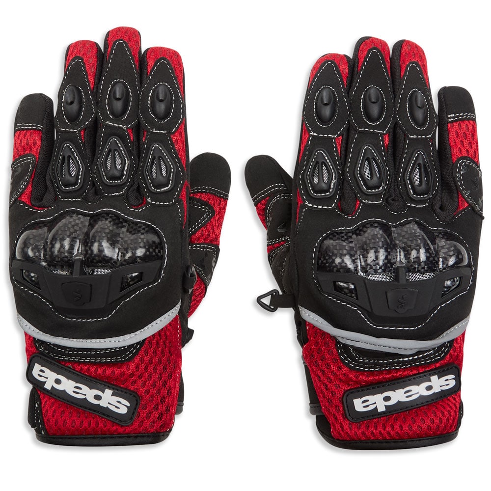 black and red motorcycle gloves with white stitching with moulded carbon knuckles for bikers