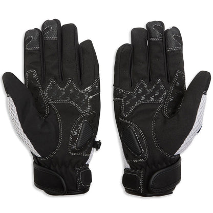 black and white nylon motorcycle gloves with white stitching and silicone grip panels