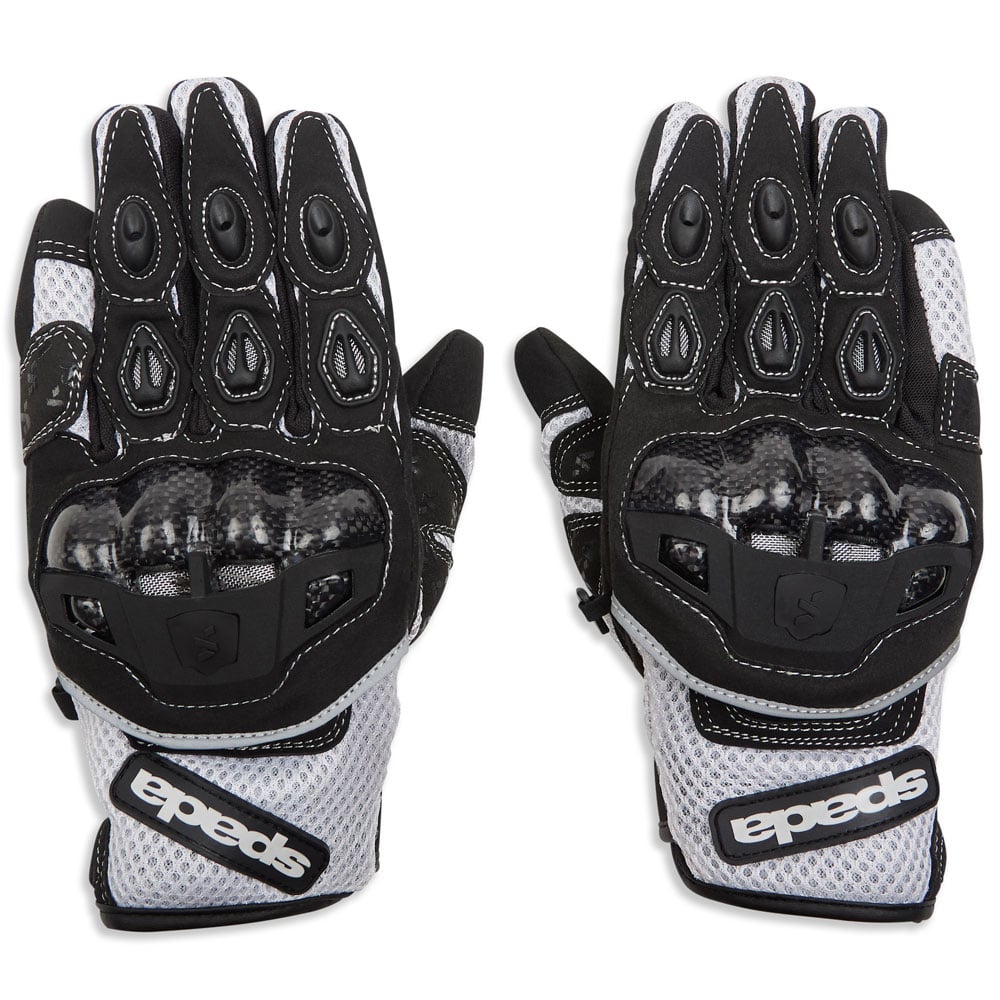 black and white nylon motorcycle gloves with white stitching and moulded carbon knuckles