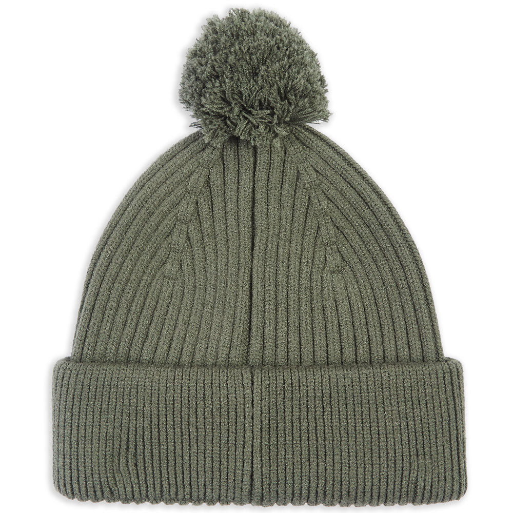 flat lay of olive green beanie hat with bobble