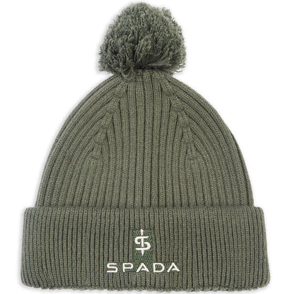 flat lay of front of bobble beanie hat in olive green for winter rides