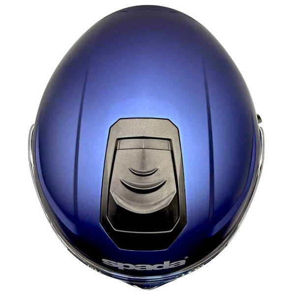 top view of matte blue motorbike helmet with black vents for ventilation