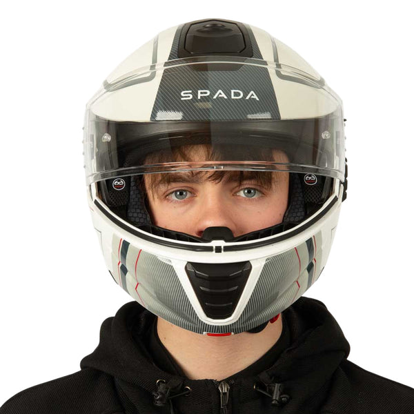 white grey and black motorbike helmet with clear visor