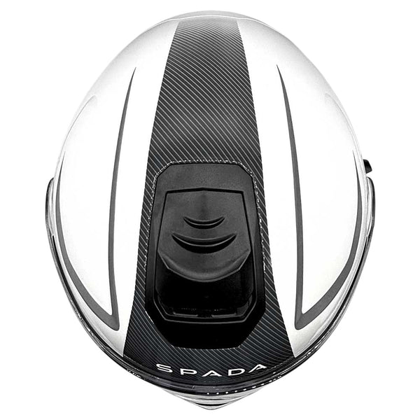 top view of black and white motorbike helmet for men with black vents