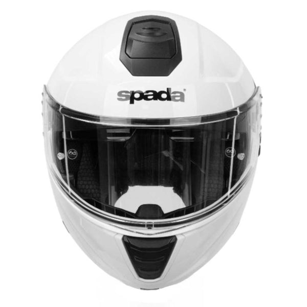 front of white spada flip up motorbike helmet with clear visor
