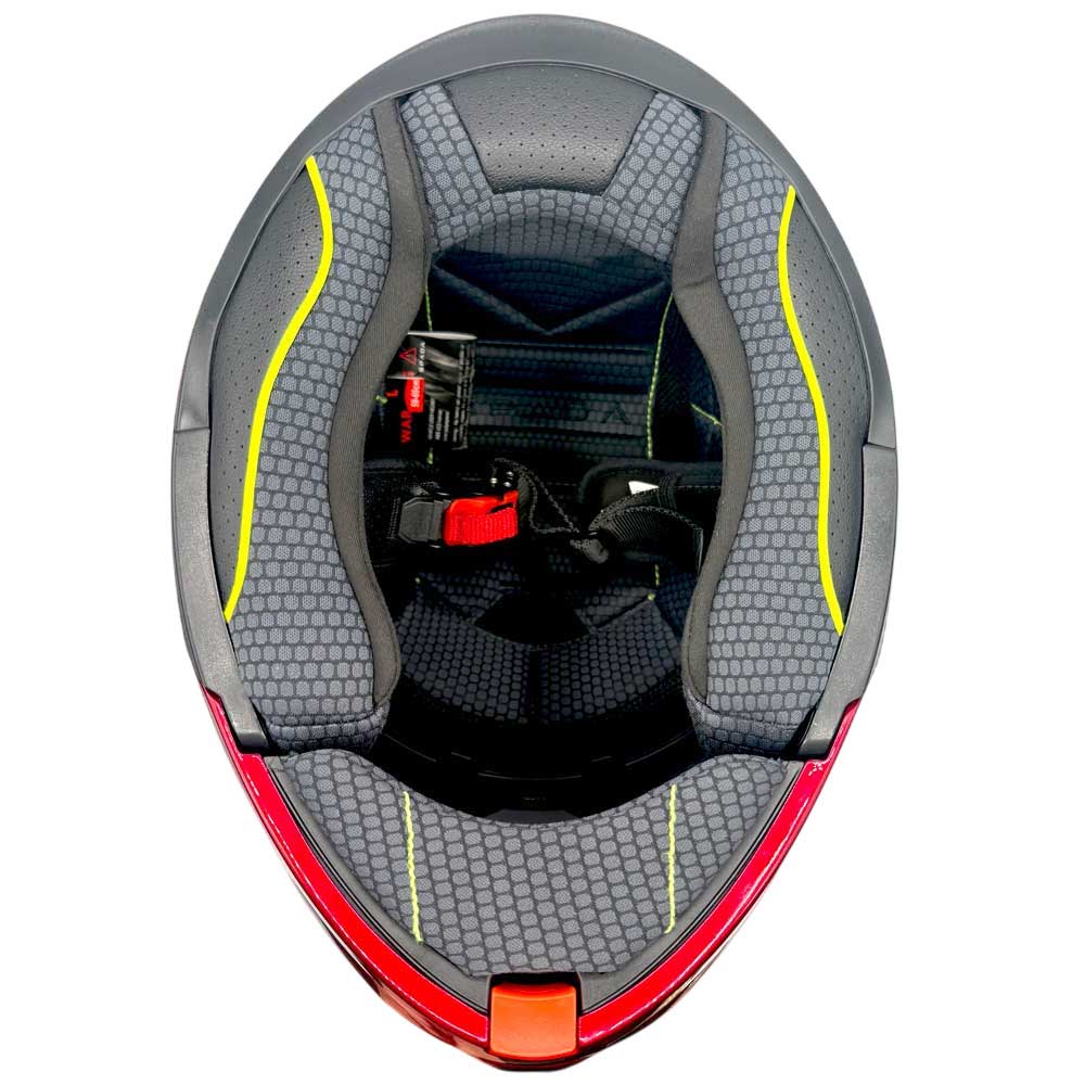 inside padding of red flip up motorbike helmet