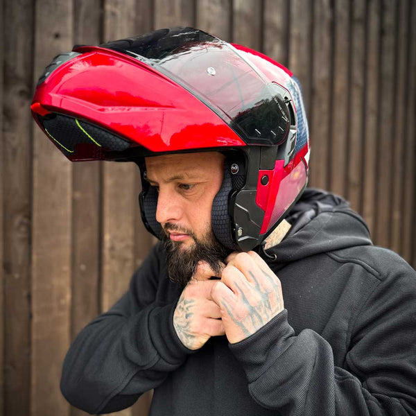 biker buckling red flip up motorbike helmet