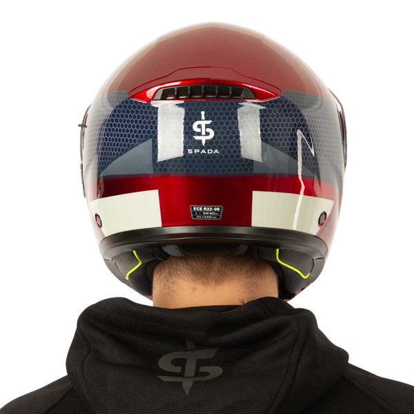 back of red and blue motorobike helmet