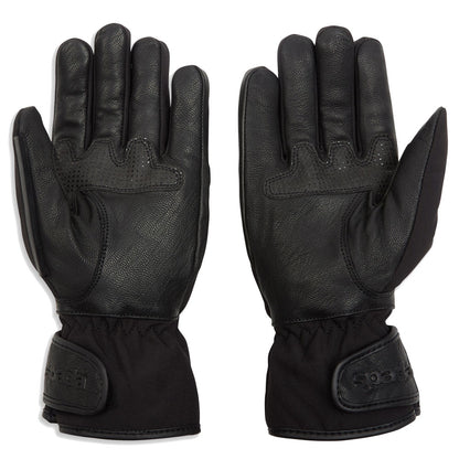 back of black leather motorcycle gloves with palm grip and touchscreen panels on index