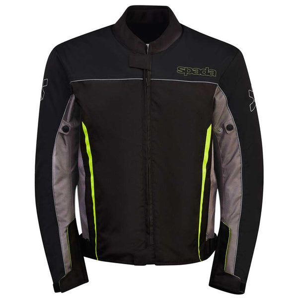 front of black motorcycle jacket for men with green fluorescent details