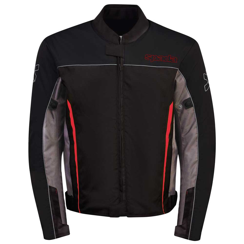 black and grey motorcycle jacket for men with red detailing