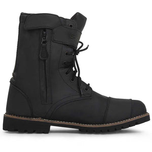 inner side view of black motorcycle zip up and lace up boots