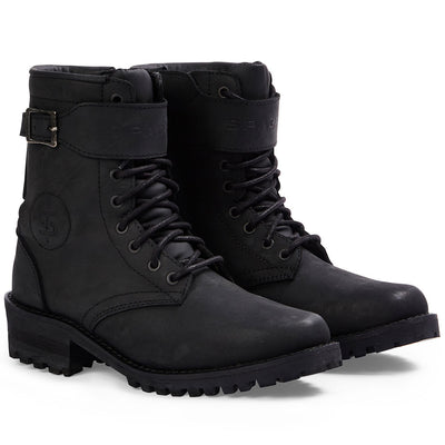 pair of ladies black wax treated leather womens motorcycle boots
