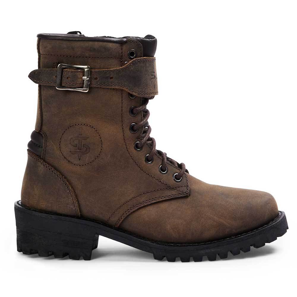 side view of brown leather motorcycle boots for women with buckle and laces