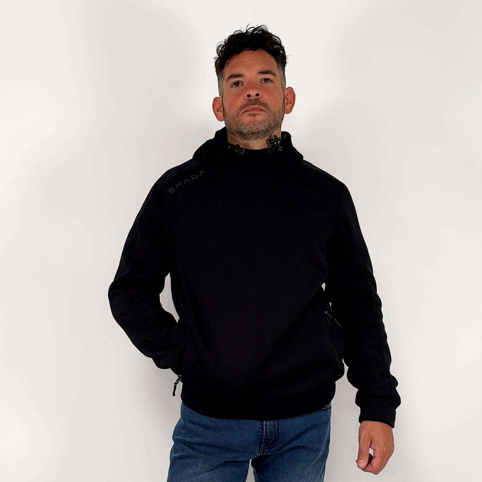 360-degree view of male rider in Blade Black unisex motorcycle hoodie – pullover style with biker-specific fit and detailing