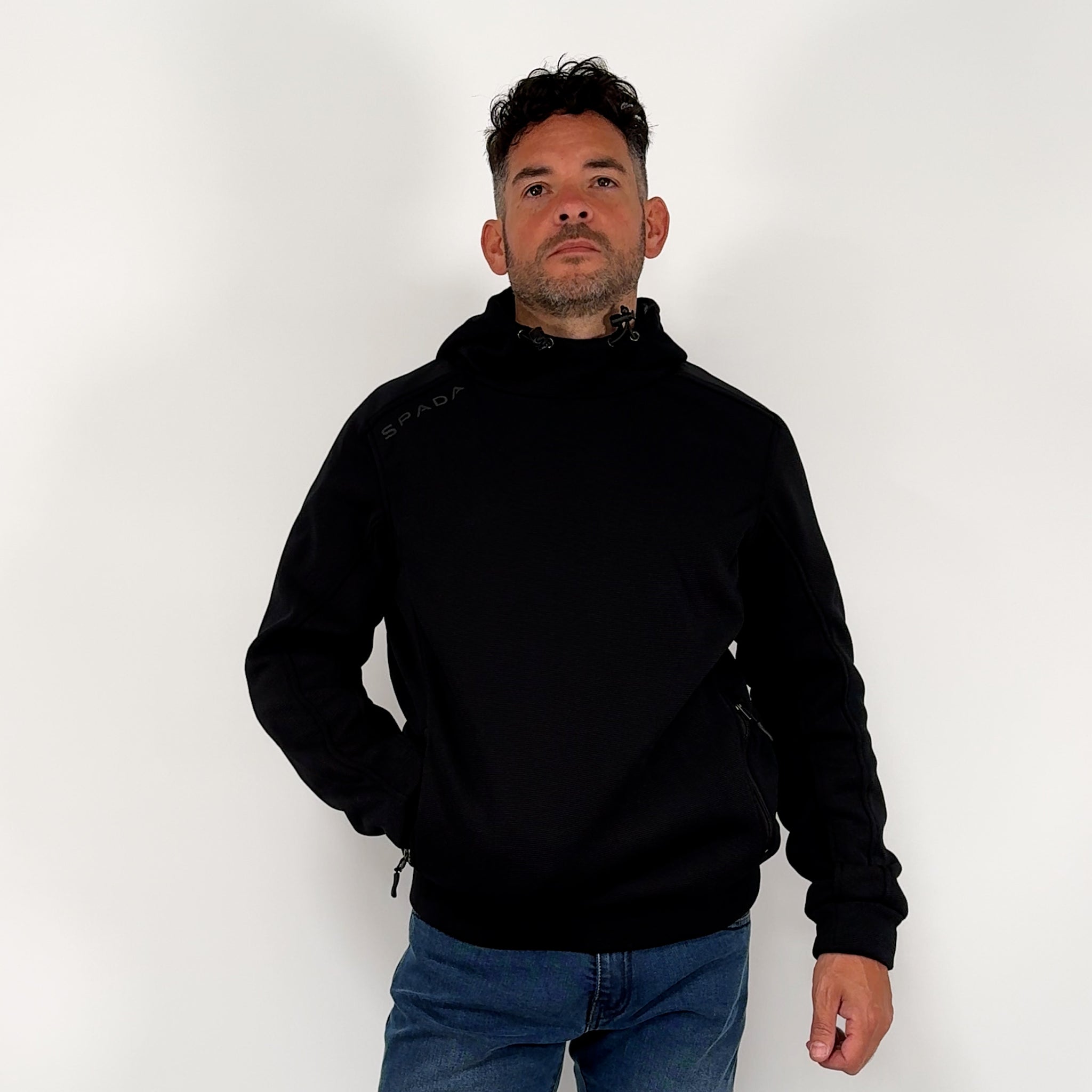 360-degree view of male rider in Blade Black unisex motorcycle hoodie – pullover style with biker-specific fit and detailing