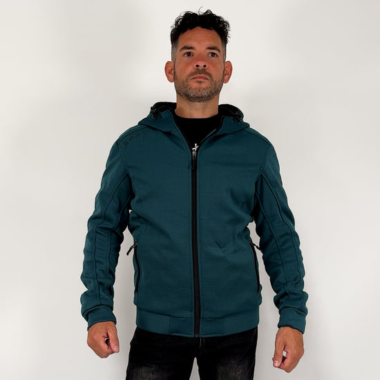 360-degree view of male rider wearing Blade Blue unisex motorcycle hoodie – full visual of fit, cut, and zip-up design