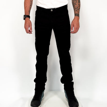 360-degree view of a man wearing men’s solid black motorcycle jeans, showcasing the slim fit, protective armour, and full styling from all angles.