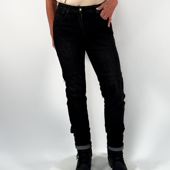 360-degree view of Drifters washed black ladies motorcycle jeans – showing full fit, cut, and riding style in motion