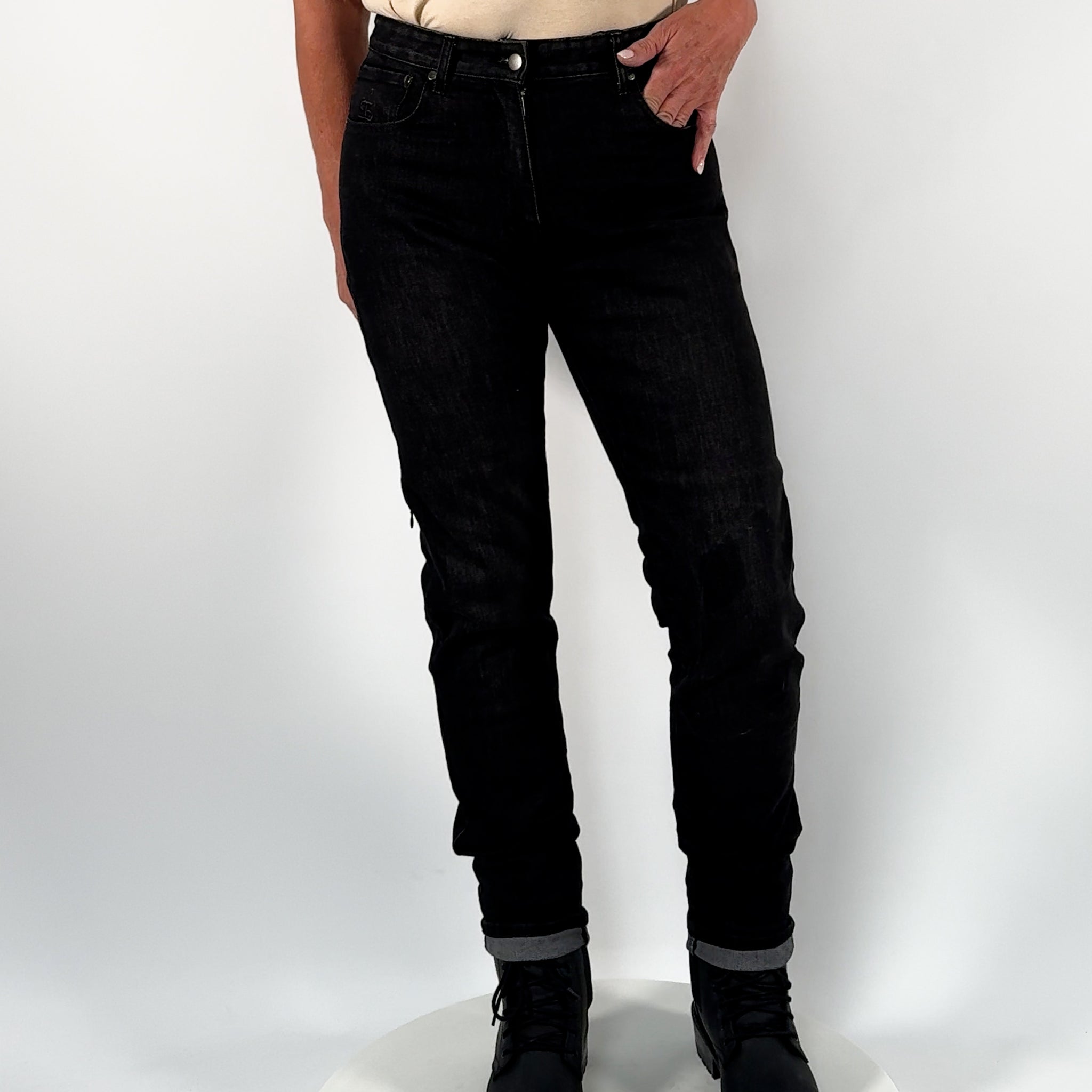 360-degree view of Drifters washed black ladies motorcycle jeans – showing full fit, cut, and riding style in motion
