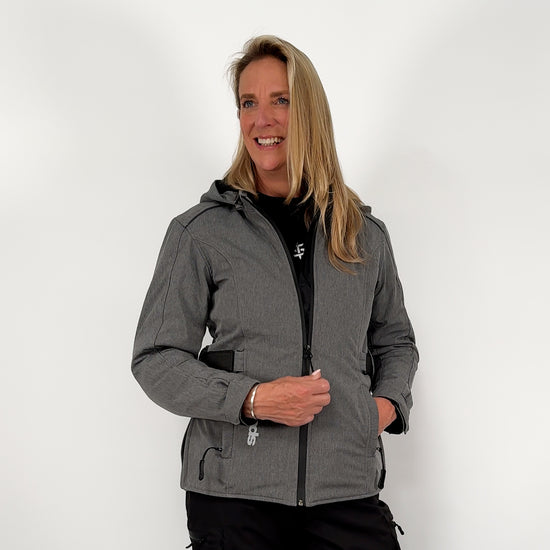 360 spin of woman wearing grey hairpin spada motorbike jacket for women