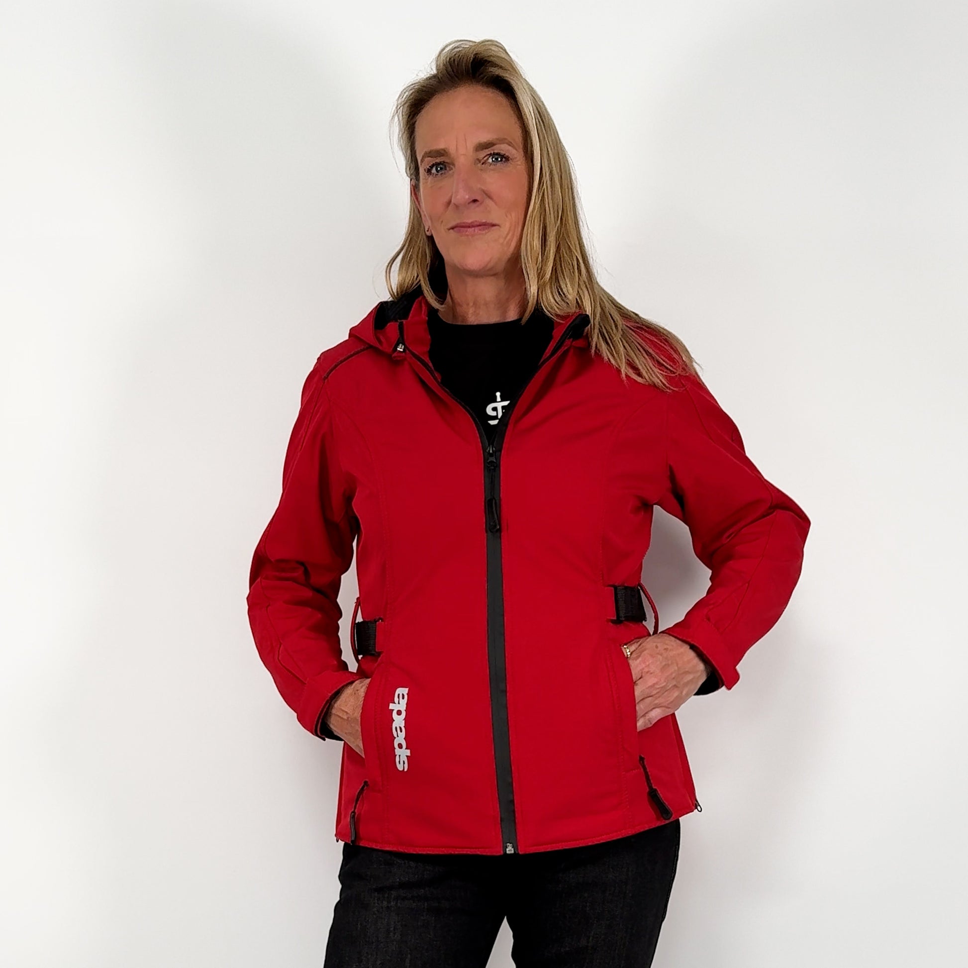 woman wearing red hairpin spada motorbike jacket for women