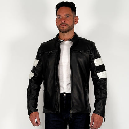 Hanzo Black & Ivory Leather Motorcycle Jacket