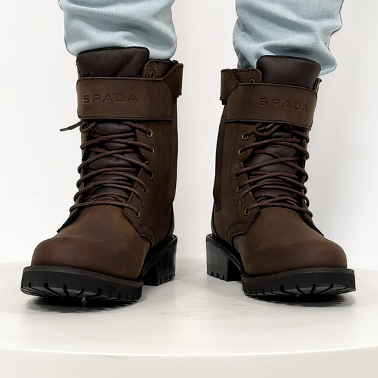 360 video of a woman wearing Piston Brown motorcycle boots for women