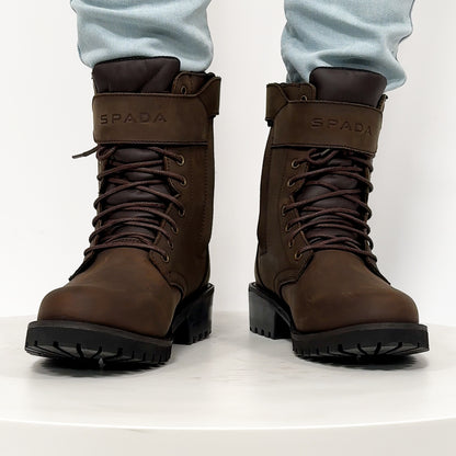 360 video of a woman wearing Piston Brown motorcycle boots for women
