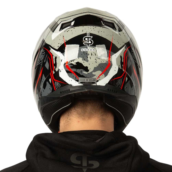 back of black grey and red motorbike helmet with spada logo in centre