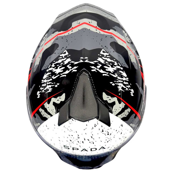 top birds eye view of black white and red gloss motorbike helmet