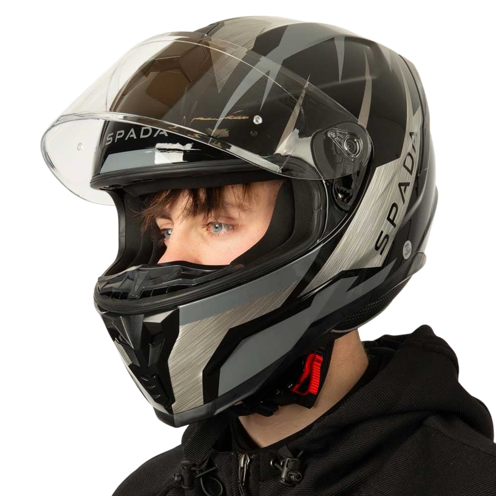 grey and black motorbike helmet side view with clear visor
