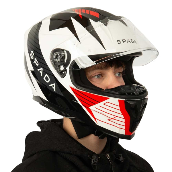 side view of black and white motorbike helmet with red detailing