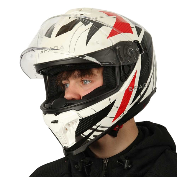 three colour motorbike helmet with clear visor lifted up