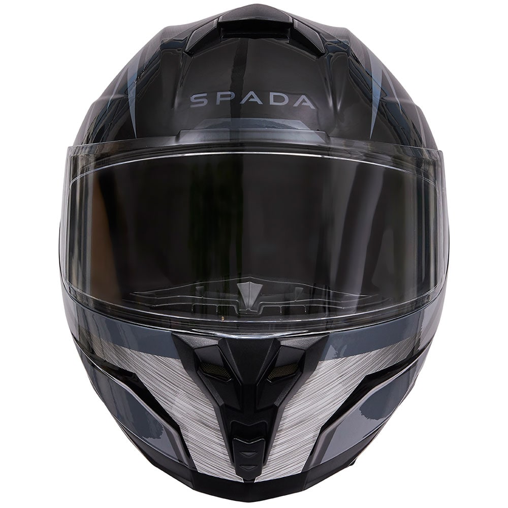 front of black and grey full face motorcycle helmet with washable liners