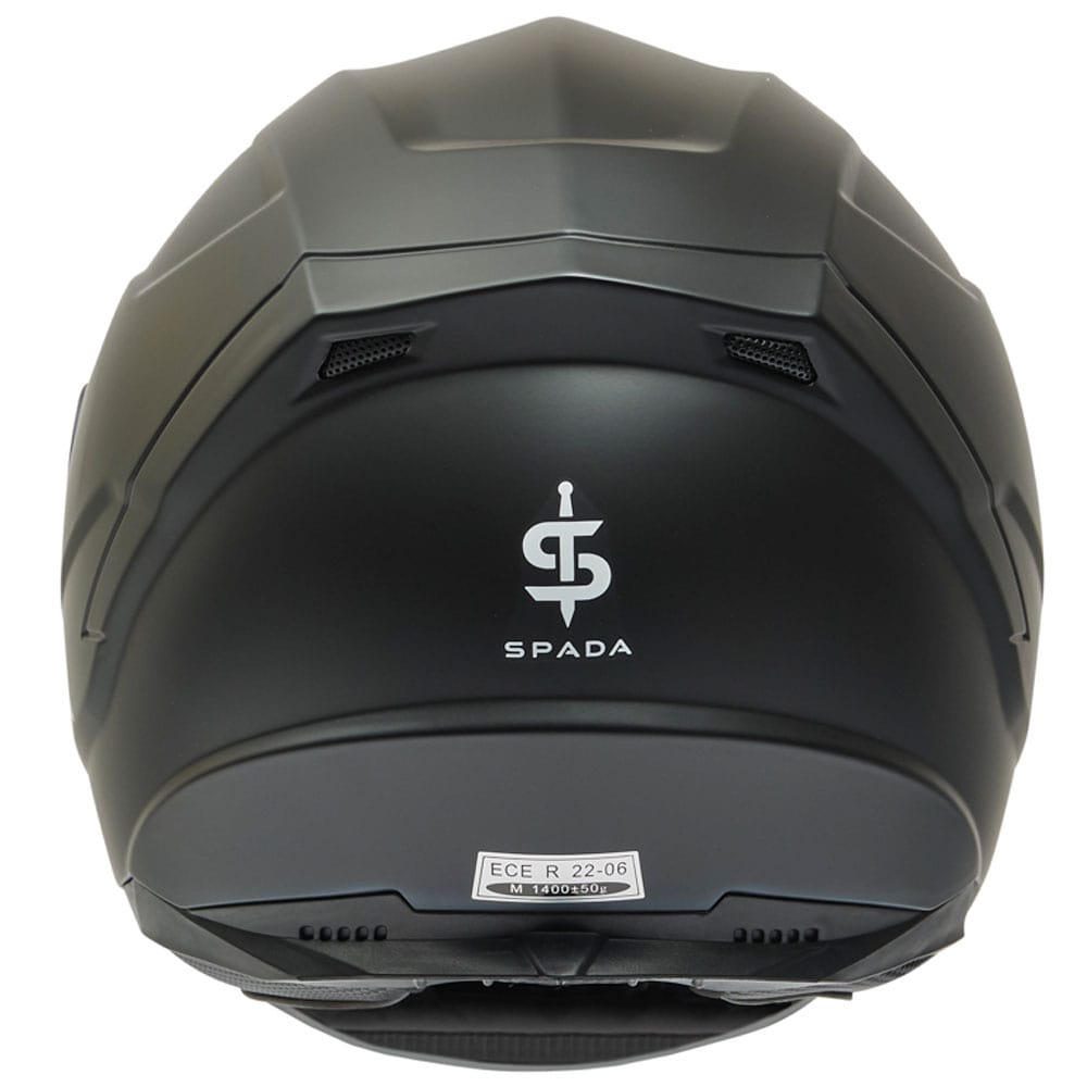 back of matte black full face motorcycle helmet with washable liners