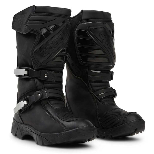 pair of black touring motorcycle boots for men and women