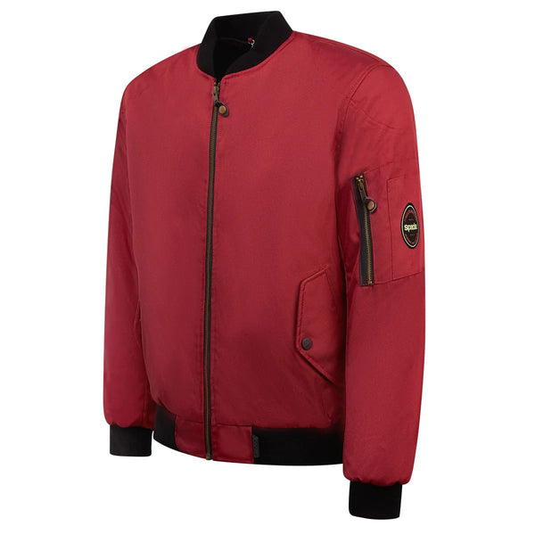 side view of red motorcycle bomber jacket with black cuffs and hem