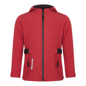 Front view of a stylish red women's motorcycle jacket with hood – waterproof and windproof with ergonomic waist and hip adjustments for a perfect ladies fit