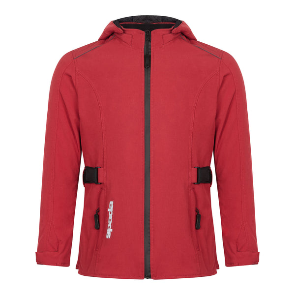 Front view of a stylish red women's motorcycle jacket with hood – waterproof and windproof with ergonomic waist and hip adjustments for a perfect ladies fit